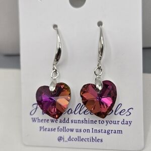 Swarovski Crystal Elements Silver Earrings Heart Pink 1.5 inch Prom Bridal